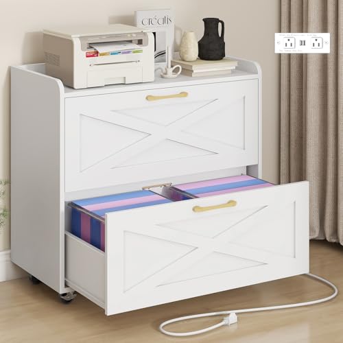 Halitaa Lateral File Cabinet 2 Drawers Mobile File Cabinet with Charging Station for Letter/Legal/A4 Size Hanging Files, Large Wood File Storage Cabinets Printer Stand for Home Office, Simple White - color: Simple White