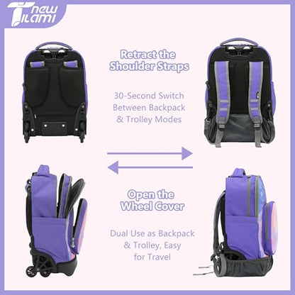 NEW TILAMI 18 Inch Rolling Backpack with Wheels for Girls Boys Kids Laptop Backpack School Travel, Purple Fantasy - color: Purple Fantasy, size: 18 inch