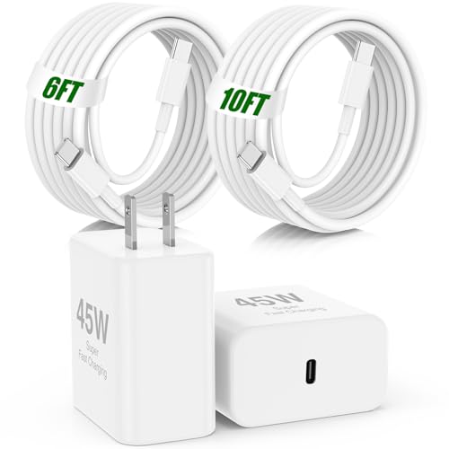 45W iPhone 17 16 15 Pro Max Charger Fast Charging,2Pack USB C Fast Charger Block with Long 10/6.6FT C to C Cable for Apple 17 Pro Max/16 Pro/15/iPad 13th,for Samsung S24 S25 Ultra - color: White, size: 10FT+6FT