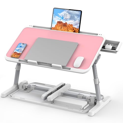 HETTHI Laptop Bed Tray Table, Adjustable Sturdy Laptop Stand for Bed with Premium Materials, Folding Portable Lap Desk with Drawer for Writing Working Reading Eating Couch Floor (Pink, 22.04"×12.2")
