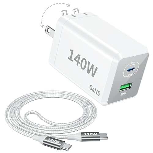 Mac Book Pro Charger - 140W 2 Port Foldable USB C Charger Fast Charging Compatible with for Mac Book,M1 M2 M3 M4 M5.iPad/iPhone 17/16 Series, Samsung Galaxy, Pixel, Include 5 FT Charge Cable