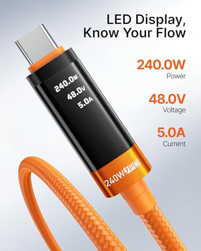 VRURC Ultra 240W Fast Charging USB C Cable with LED Digital Display,3.3ft | Smart Display,Battery Protection,Nylon Braided,Compatible with MacBook,iPad Pro,Laptops,iPhone 17/16/15,Galaxy S26/S25 - color: Orange