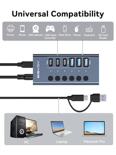 Powered USB 3.2 Hub, ACASIS 6 Ports USB 3.2 Hub(3 USB-A 3.2 Ports + 3 USB-C 3.2 Ports), Aluminum USB Hub Powered with 48W Power Adapter, USB Hub for PC/Laptop, Computer, Flash Drive, Printer, Camera - size: 6 Ports