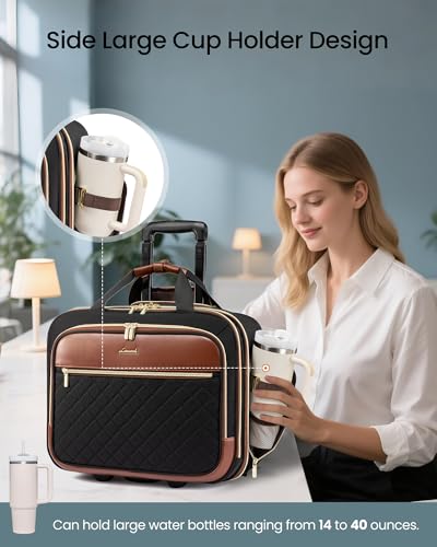 LOVEVOOK Rolling Laptop Bag for Women, Underseat Carry On Bag with Wheels | Fits 17.3 Inch Laptop, 30L Capacity, Silent Wheels, Rolling Briefcase, Carry On Luggage, Personal Item for Work Travel - color: Black-brown
