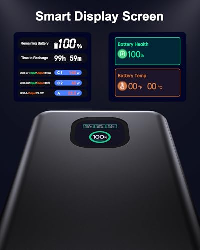 140W Power Bank, 25000mAh Laptop Portable Charger with Smart Digital Display, PD3.1 Fast Charging Battery Pack for MacBook Dell XPS iPad Tablet Steam Deck iPhone 17-12 Series Samsung Switch and More - color: Dark Gray