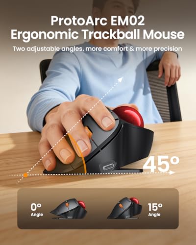 ProtoArc EM02 Wireless Trackball Mouse, Ergonomic Thumb Ball Control, Red | 0/15° Adjustable Angle for Different Wrist Positions, Connect 3 Devices Via Bluetooth/2.4G USB-A, Rechargeable Battery - color: Red