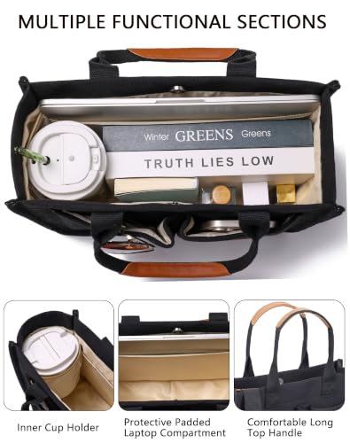 Canvas Tote Bag for Women,Women's Bags Crossbody Bags Work Laptop Tote Bag Large Handbags Purse for Travel Nurse Teacher - color: Canvs Demure Black With Compartments