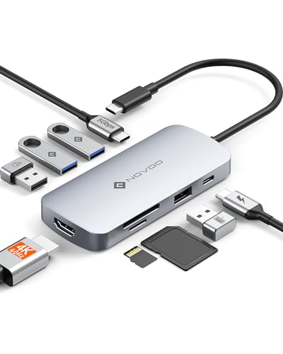 USB C Hub, 9 in 1 USB C Multiport Adapter with 4K@60Hz HDMI, 5 USB Ports, 100W PD, SD/TF USB C Adapter, USB C to HDMI Adapter, USB C Dock for MacBook Pro/Air, HP, DELL, Lenovo, ASUS Laptops NOVOO | 4K@60Hz HDMI, 5 USB Ports, 100W PD, SD/TF Adapter, USB C