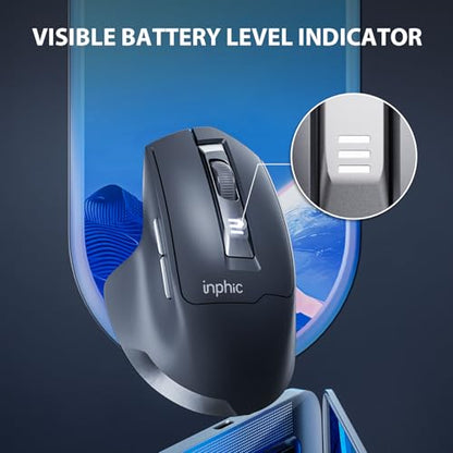 INPHIC Wireless Mouse Rechargeable, [Battery Level Visible], Silent Click USB 2.4G Cordless Mouse for Laptop PC Computer, 6 Buttons, 2400DPI 4 Adjustment Levels, Grey