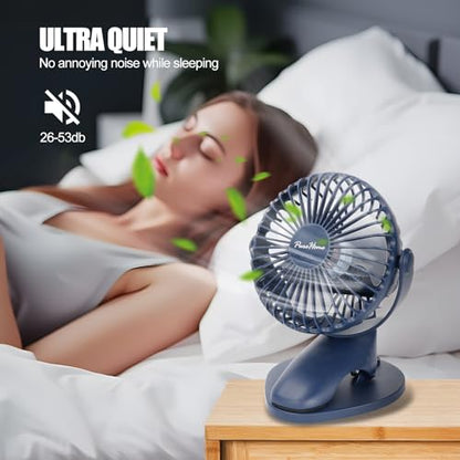 Portable Clip Fan Battery Operated,3 Speeds USB Rechargeable Mini Table Fan with Strong Airflow,360°Rotation Ultra Quiet Personal Desk Fan for Home Office Bedroom Dorm Stroller Camping - DeepBlue - color: DeepBlue