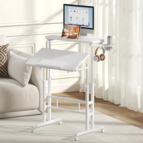 DUMOS Rolling Standing Desk, Sit Stand Desk, Computer Cart | Manual Height Adjustable, Split Top Mobile, Laptop Workstation, Portable Home Office, Walking Pad Study Surface, White - color: White, size: 23.6 Inch