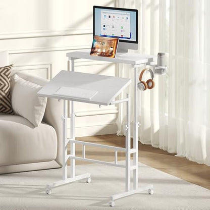 DUMOS Rolling Standing Desk, Sit Stand Desk, Computer Cart | Manual Height Adjustable, Split Top Mobile, Laptop Workstation, Portable Home Office, Walking Pad Study Surface, White - color: White