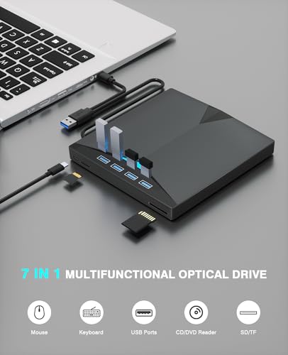 External CD/DVD Drive for Laptop PC,8 IN 1 LED Portable DVD Drive CD Burner CD-ROM DVD-/+RW Writer Reader with TF/SD Card Slots,USB 3.0 DVD Drive External,Compatible with Mac,Windows 11/10/8/7 (Black) - color: Black