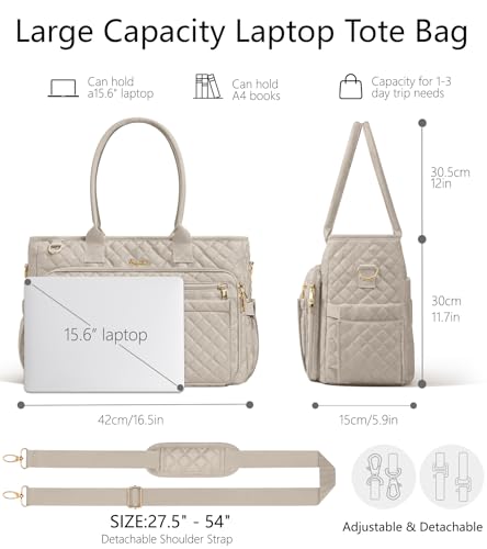 Bagstellar Teacher Tote Bag for Women, 15.6" Laptop Work Tote Computer Bag | Quilted Bible Nurse Bag with 40oz Cup Holder, Insulated Pocket & Strap, Large Laptop Briefcase for School Travel Office Gifts - color: Taupe
