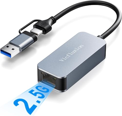 USB C to Ethernet Adapter 2.5Gbps, 2-in-1 USB 3.0 & USB-C to RJ45 Network Adapter, 2500Mbps Gigabit LAN Converter with Aluminum Shell, Plug and Play for NAS, MacBook Pro/Air, XPS/Windows/Mac OS/Linux