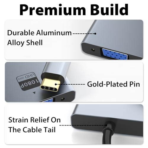 VGA to USB C Adapter, Type-C to VGA Female Video Converter Supports 1080P@60Hz, Plug & Play, Compact & Durable, Compatible with MacBook, Dell, HP, Chromebook, iPad Pro & More, No Audio