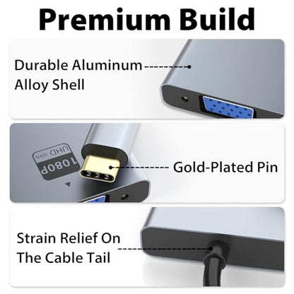 VGA to USB C Adapter, Type-C to VGA Female Video Converter Supports 1080P@60Hz, Plug & Play, Compact & Durable, Compatible with MacBook, Dell, HP, Chromebook, iPad Pro & More, No Audio