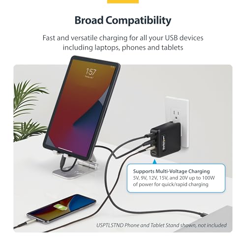 StarTech 100W GaN USB-C Wall Charger, Power Adapter for MacBook Pro/Air | Dell XPS, iPhone 15/Pro, iPad Pro, 2x USB-C/2x USB-A, Fast Charging Portable GaN Charger
