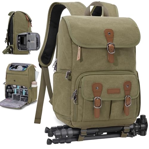 RAINSMORE Camera Bag Backpack for DSLR/SLR Mirrorless 15.6 Inch Laptop Camera Back Pack for Photographers Anti-Theft Photography Bags Case with Tripod Holder & Rain Cover, Green - color: Army Green