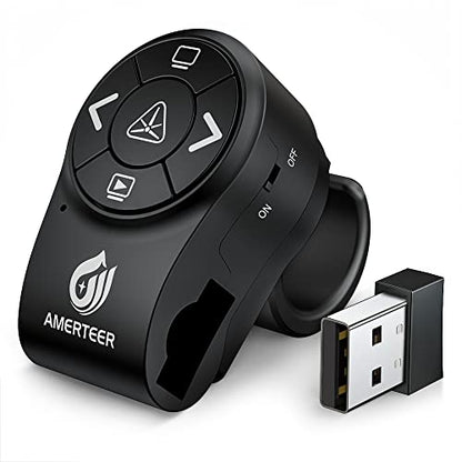 AMERTEER Wireless Presentation clicker for PowerPoint Presentations, RF 2.4GHz Finger Ring Remote, PPT Slides Clicker Pen Rechargeable