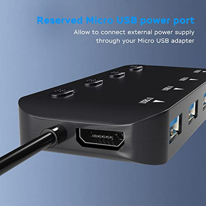 4-Port USB 3.0 Hub, VVTOYER Portable USB Hub Splitter for Laptop, with Individual Power Switch and USB-C Adapter - color: 1103CT black
