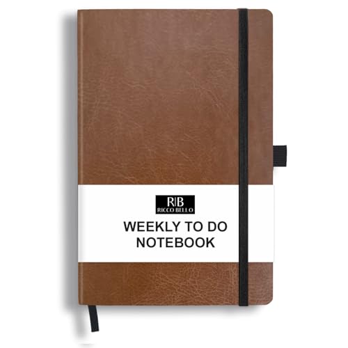 RICCO BELLO Undated Weekly Planner To Do Notebook, Brown, 5.7 x 8.4" | Faux Leather Hardcover, Pen Holder, Bookmark & Elastic Band Closure, Storage Pocket, For Work, School, Home - color: Brown