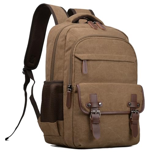 CROCOD Canvas Laptop Backpack, Vintage Daypack for Men Women,Travel Work Rucksack College Bookbag Computer Bag Fits 15.6 Inch Laptop (Coffee)