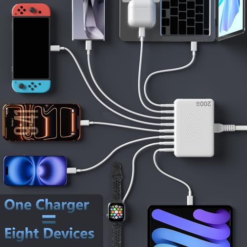 200W GaN 8-Port USB C Charging Station, PD 65W Multi-Device Charger | Fast charging for laptops, smartphones and tablets with compact design and organized desktop setup. - color: White