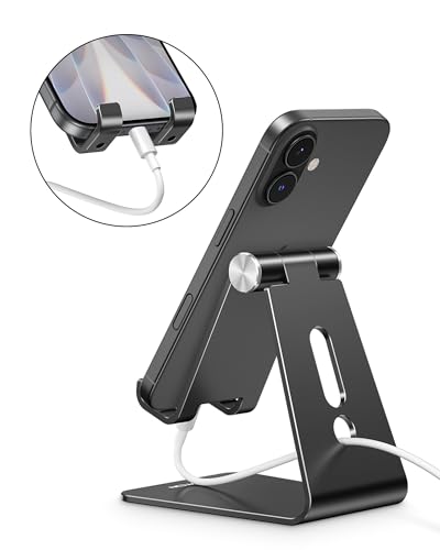 OMOTON C2 Adjustable Aluminum Cell Phone Stand with Charging Cutout, Black | Sturdy 3mm Aluminum, Charging Port, 270° Adjustable, Non-Slip Silicone Pads, Works with Thick Cases, for All Smartphones - color: Black