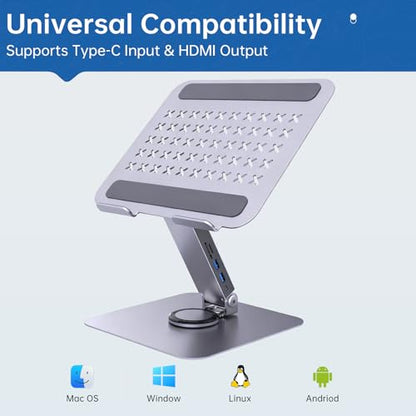 EJAY 360 Rotating Laptop Stand with 10Gbps USB 3.2 Hub, Heavy Duty Aluminum Computer Riser for Desk, Adjustable Ergonomic Holder for MacBook Pro Air, Dell, HP, Office