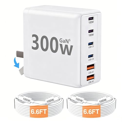 300W USB C Laptop Charger with 2 USB Cables 6Port Dual 100W Charging Block | GaN5 Super Fast Type C Power Adapter for MacBook Pro/Air, iPhone, iPad (White) - color: White