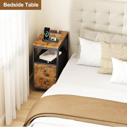 Narrow End Table with Charging Station and Wheels, Movable Narrow End Table with USB Ports and Outlets for Small Space, Living Room, Bedroom and Office, with 4 Wheels ( Rustic Brown + Black) - color: [A1] Black & Brown