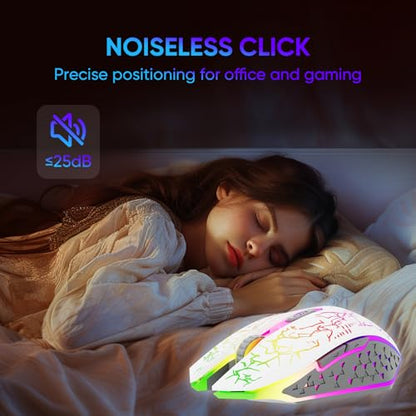 MELOGAGA Wireless Bluetooth Gaming Mouse, RGB Rechargeable, Silent, White | Dual-Mode Bluetooth & 2.4G, Rechargeable Battery, RGB Lighting, Silent Click, 3 DPI Levels for PC Laptop Desktop Mac - color: White