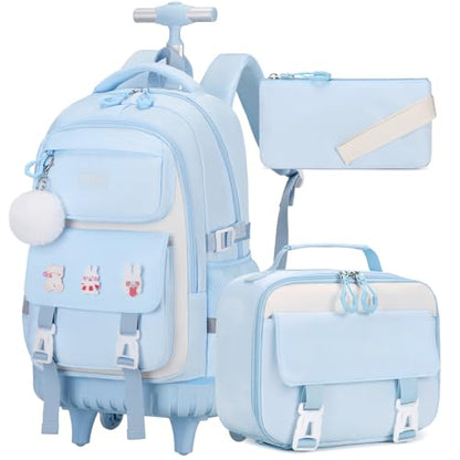 DIGOBAY Rolling Backpack for Girls, Roller Bag with Lunch Box Pencil case | Kawaii Girls Roller Backpack With Wheels School Bookbag With Cute Pins for Elementary Middle School, Blue - color: Blue