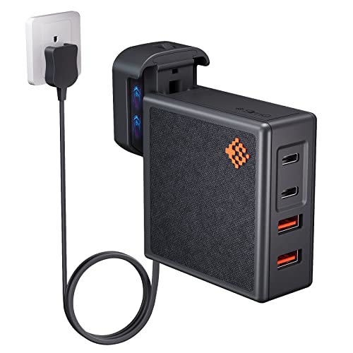 SlimQ 100W GaN USB-C Charger, 4-Port, with 5ft Extension Cable, No-Reset - color: Grey+Cable