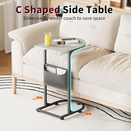 C Shaped End Table, Small Side Table for Couch, C Table that Slides Under Sofa with Storage Bag, TV Tray Table for Recliner, Living Room, Bedside, Bedroom, Small Spaces, Greige - color: Classic Greige