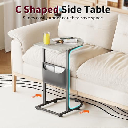 C Shaped End Table, Small Side Table for Couch, C Table that Slides Under Sofa with Storage Bag, TV Tray Table for Recliner, Living Room, Bedside, Bedroom, Small Spaces, Greige - color: Classic Greige