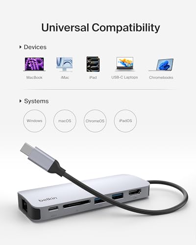 Belkin USB-C Hub 6 in 1 100W PD 4K HDMI, Ethernet & SD | Pass-through charging, 2 USB-A ports, gigabit ethernet, SD card slot, compatible with Neo MacBook, iPad Pro, and XPS - style: 6-in-1 Hub, 4K 60Hz