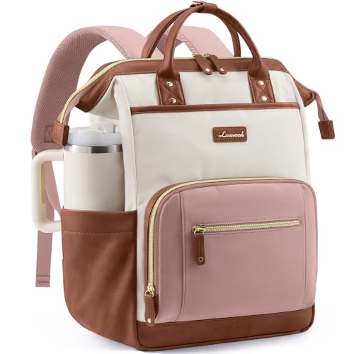 LOVEVOOK Laptop Backpack with Giant Tumbler Holder,15.6 inch Professional Nurse Teacher Backpack Computer Laptop Bag,Cute Travel Backpack Purse Work College Bag,Gifts for Women & Men,Beige-Pink-Brown - color: Beige-pink- Red-brown, size: 15.6 Inch