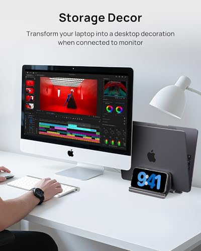 Vertical Laptop Stand for Desk, Aluminum Laptop Holder Compatible with MacBook Pro, MacBook Air Stand Up to 17 inch, Gravity Auto-Lock Cooling, 3in1 Space Saving Desk Organizer Accessories, Gray - color: Gray
