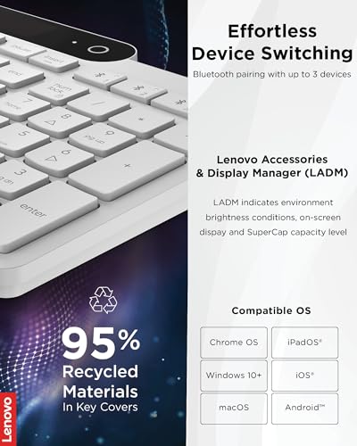 Lenovo 800 Self-Charging Bluetooth Keyboard, Uses Ambient Light for Charging, Bluetooth 5.1, Supports 3 Devices, Battery Free, Wireless, White - color: White