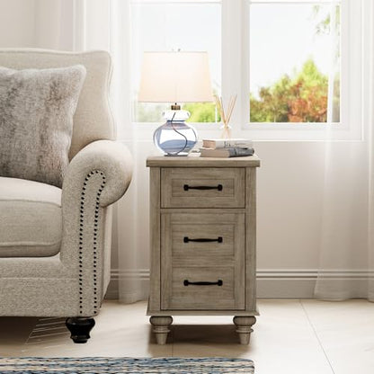 WAMPAT Gray End Table with Charging Station, Wooden Side Table with 1 Drawer &1 Storage Cabinet, Mid Century Modern Nightstand with Power Outlets & USB Ports for Living Room, Bedroom - color: Grey