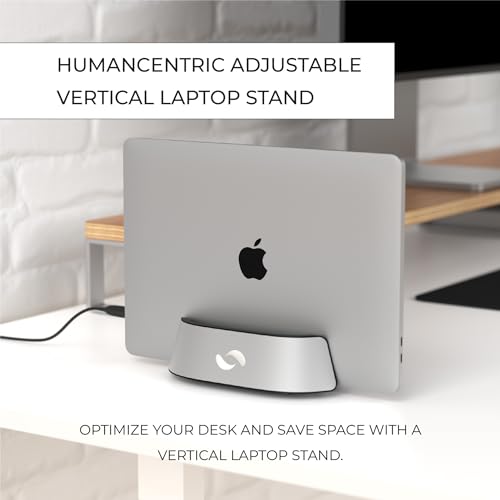 HumanCentric Vertical Laptop Stand in Silver Aluminum, Adjustable | Upright Holder & Dock, Fits MacBook Pro & Laptops .5" to 1.5", Clamshell Compatible, Laptop Vertical Stand - color: Aluminum Silver