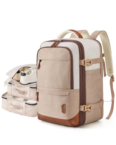 BAGSMART 37L Expandable Travel Backpack Compression Carry On Daypack | Weekender Bag Fits 17" Laptop. Water Resistant Luggage with Packing Cubes and Shoe Pouch. - color: Khaki White