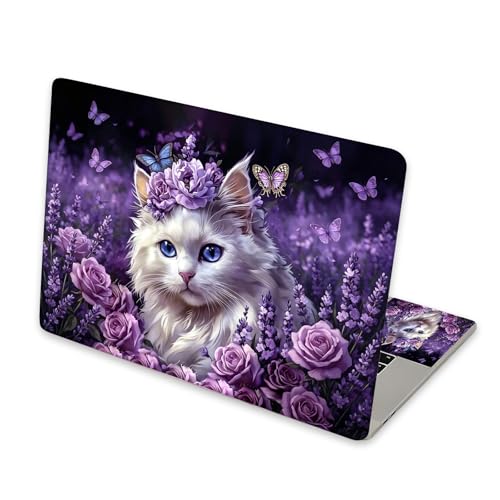 Universal Laptop Skin Sticker for 12/13/14/15.6 Inch Laptops, Reusable Vinyl Laptop Decal Cover, Waterproof Scratch Resistant Notebook Skin with 2 Wrist Pads,Flower Bed with Cute White Cat - color: Flower Bed with Cute White Cat