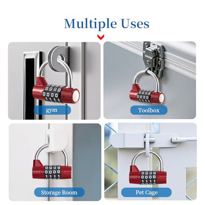 Gym Locker Lock 4 Digit Combination Lock for Locker for School Gym Lock for Sports, Toolbox, Case, Hasp Storage（20） (Shackle Red) - size: 3.5" red