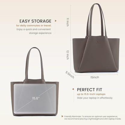 LOVEVOOK Laptop Tote for Women - 15.6 Inch Faux Leather Laptop Bag with Clutch, Large Capacity Office Purse Computer - color: Dark Khaki, size: 15.6 inch
