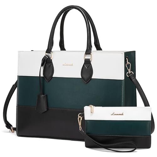 LOVEVOOK Laptop Tote Bag for Women, Work Totes Business Office Computer Briefcase with Clutch Purse - color: White-green-black, size: 15.6 inch