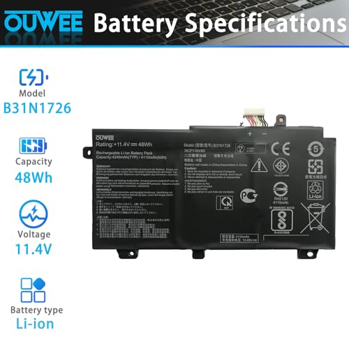 B31N1726 Battery for Asus FX80 FX86 TUF FX504 FX504G FX504GD FX504GE FX504GM FX505 FX505DT FX505DV FX505DU A15 FA506IU A17 FA706II Serie 11.4V 48Wh(Shape-A) - size: 7.27*4.77*0.42 inch B31N1726