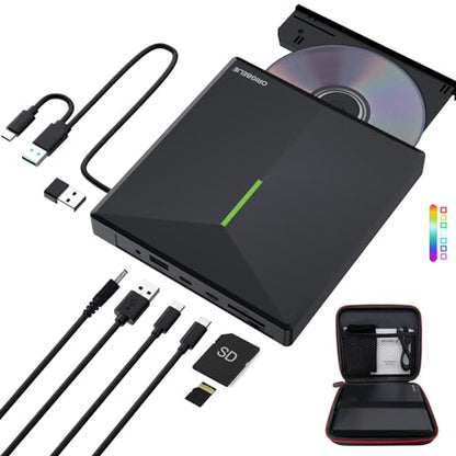 ORIGBELIE External CD DVD Drive with 4 USB Ports and 2 TF/SD Card Slots, USB 3.0 Portable CD/DVD Disk Drive Player Burner Reader Writer for Laptop Mac PC Windows 11/10/8/7 Linux OS with Carrying Case - size: 5.9" x 5.65" x 0.75"